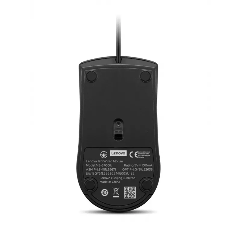 Kabelgebundene USB-A-Maus Lenovo 120 — Schwarz, beidhändig, 1600 DPI, 3 Tasten, 1,5 m Kabel