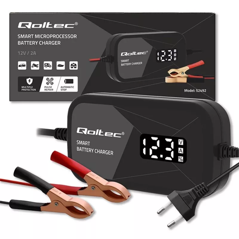 Batterieladegerät QOLTEC 52492 12V 2A mit Mikroprozessorsteuerung und Zellenregeneration