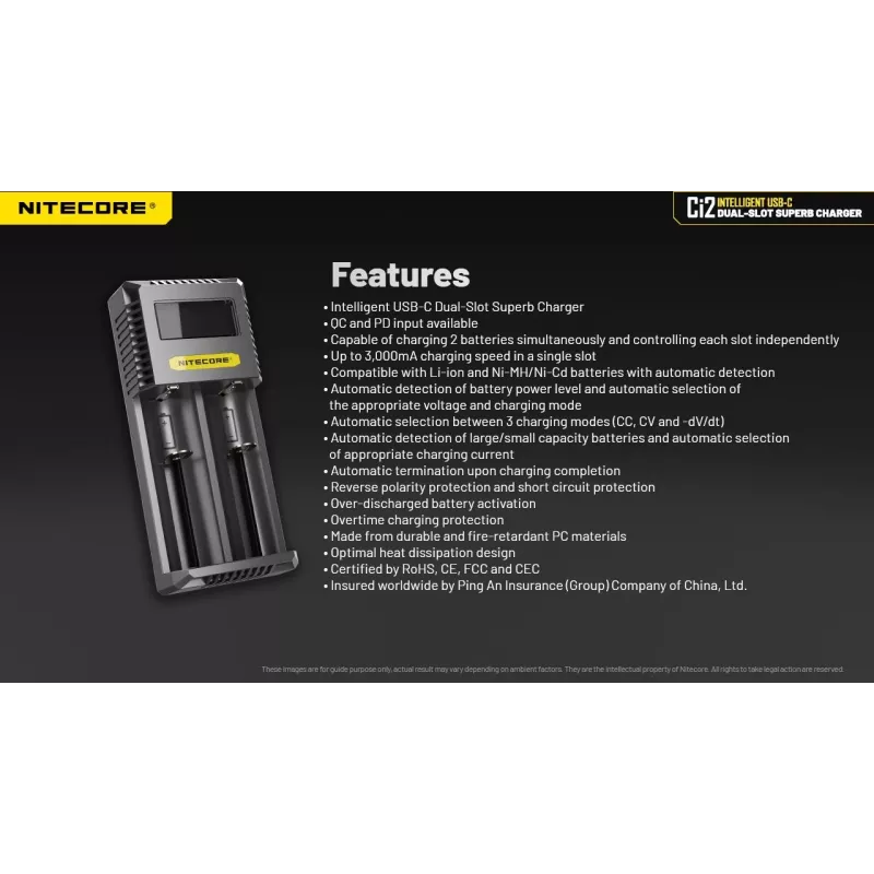 Batterieladegerät Nitecore Ci12 Universelles USB-Ladegerät für Li‑Ion, NiCd, NiMH, 3A Eingang 5/9/12V, Kunststoffgehäuse