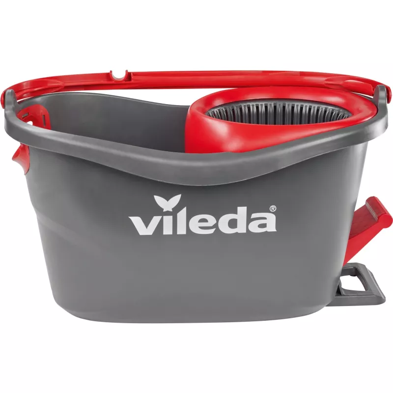 Wischmopp VILEDA EasyWring & Clean Turbo, roter Technopolymer-Eimer, abnehmbarer waschbarer Mikrofaserbezug, für Hartböden