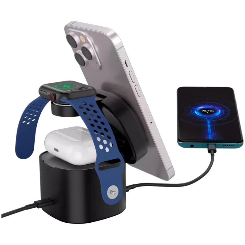 Canyon 4-in-1 Wireless Charging Stand, 30W max, Größe: 70x70x70,3 mm, Gewicht: 414 g, mit 65W Ladegerät und 1 m Kabel, schwarz