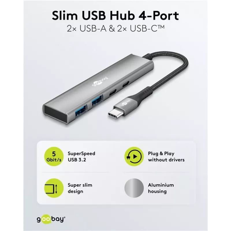 Goobay Slim 4-Port USB-Hub USB-C auf/USB-A 5 Gbit/s - Plug USB 3.2 (76563)