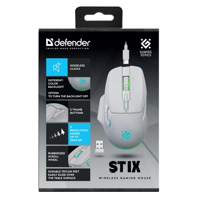 Kabellose Maus DEFENDER Stix GM-009 RF — optisch 3200 DPI, 6 Tasten, beidhändig, USB RF, batteriebetrieben, weiß
