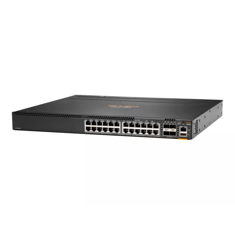 HPE Aruba 6300M - Switch - L3 - managed - 24 x 10/100/1000 + 4 x 1 Gigabit / 10 Gigabit / 25 Gigabit / 50 Gigabit SFP56 (Uplink / Stacking) - Front und Seite zu Hinterseite - an Ra