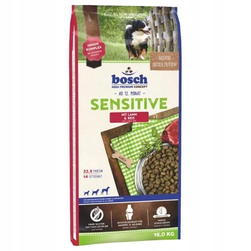 Trockenfutter für Hunde Bosch Sensitive mit Lamm & Reis für ausgewachsene Hunde 10–15,9 kg, hühnerfrei, 21,5% Protein, 10,5% Fett