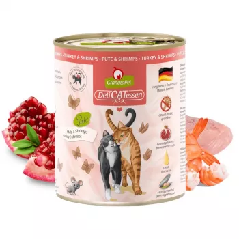 Nassfutter für Katzen Fox4Pets GRANATAPET DeliCATessen Truthahn und Garnelen, getreidefrei, 800 g, Alleinfuttermittel für ausgewachsene Katzen