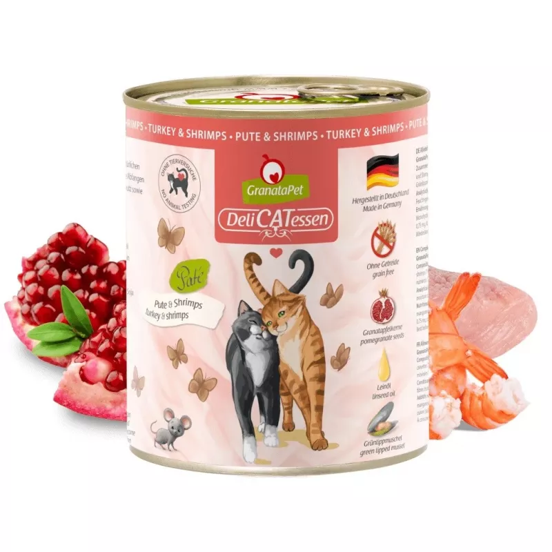 Nassfutter für Katzen Fox4Pets GRANATAPET DeliCATessen Truthahn und Garnelen, getreidefrei, 800 g, Alleinfuttermittel für ausgewachsene Katzen
