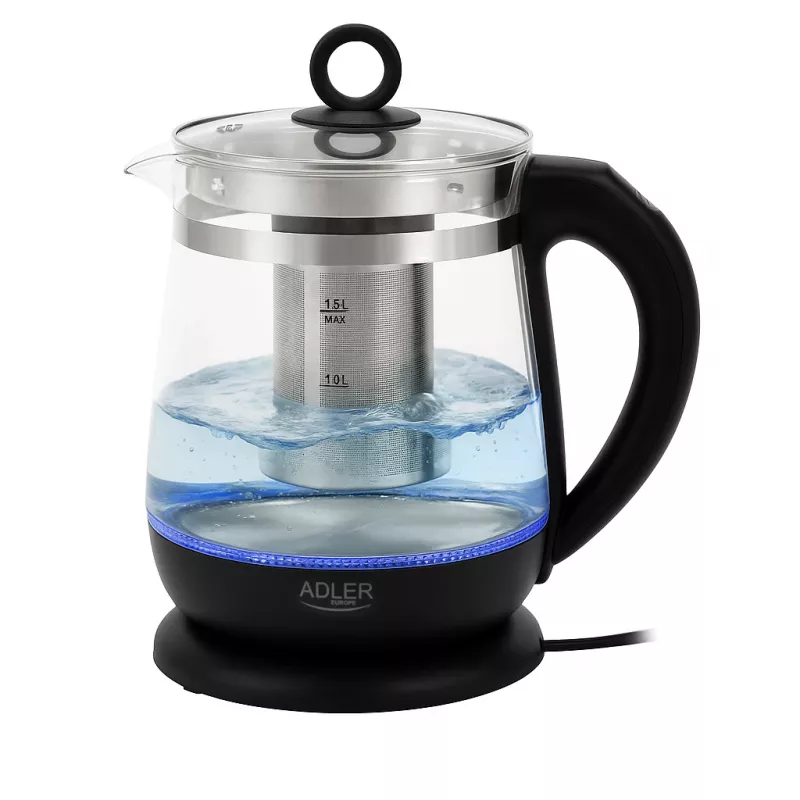 Adler Wasserkocher | AD 1299 | Elektrisch | 2200 W | 1,5 L | Glas | 360°-Drehsockel | Schwarz