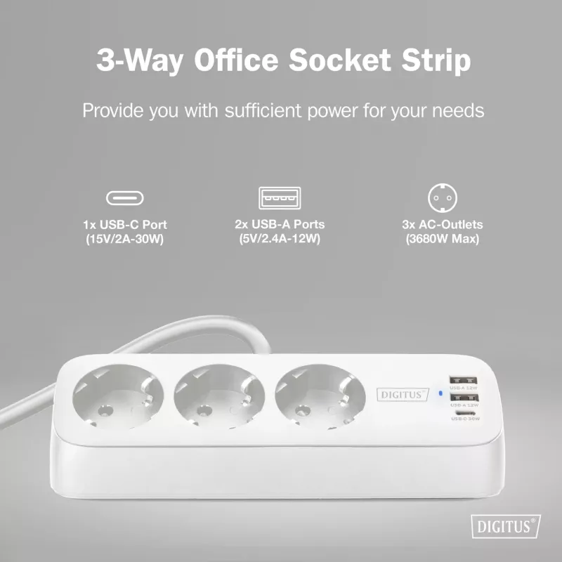 Mehrfachsteckdose DIGITUS 3-fach mit 2×USB-A und 1×USB-C, 3 AC-Steckdosen Typ E/F, 1,5 m Kabel, weiß