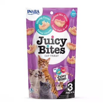 INABA Juicy Bites Garnelen und Meeresfrüchte – Katzenleckerlis – 3x11,3 g