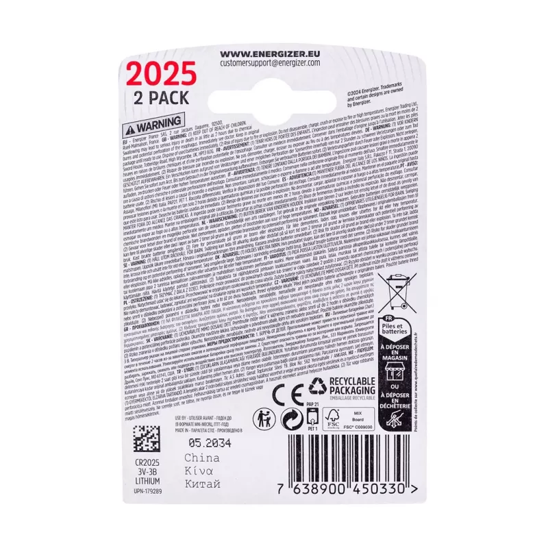 ENERGIZER BATTERY SPECIALIZED CR2025/2, 3V, ECO
