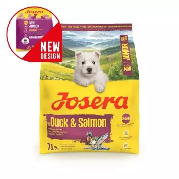 Trockenfutter für Hunde JOSERA Mini Junior Duck & Salmon 900 g — für Welpen kleiner Rassen, Protein 29%, Fett 18%