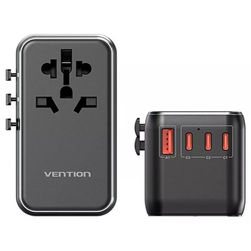 Ladegerät Vention FJGB0 100W GaN mit 3× USB-C und 1× USB-A, Schwarz