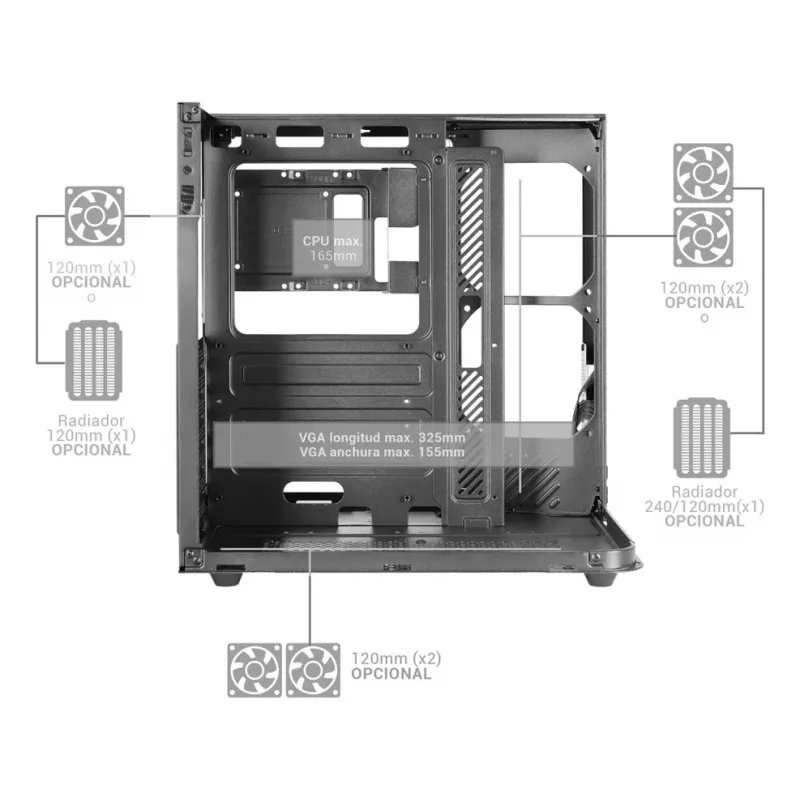PC Midi Tower Gehäuse TACENS Mars Gaming MC-INFINIOLITE, Schwarz, Temperglas, unterstützt ATX/Micro-ATX/Mini-ITX, 120 mm Lüfter