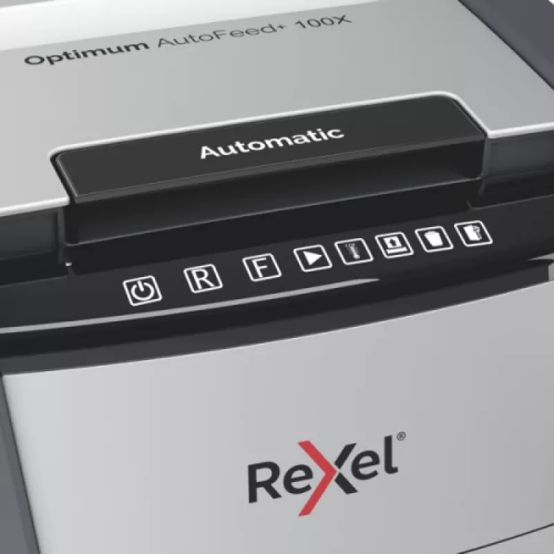 Aktenvernichter REXEL Optimum AutoFeed+ 100X — 100-Blatt automatische Zufuhr, 4 x 28 mm Kreuzschnitt, 34 L Auffangbehälter, Aluminium