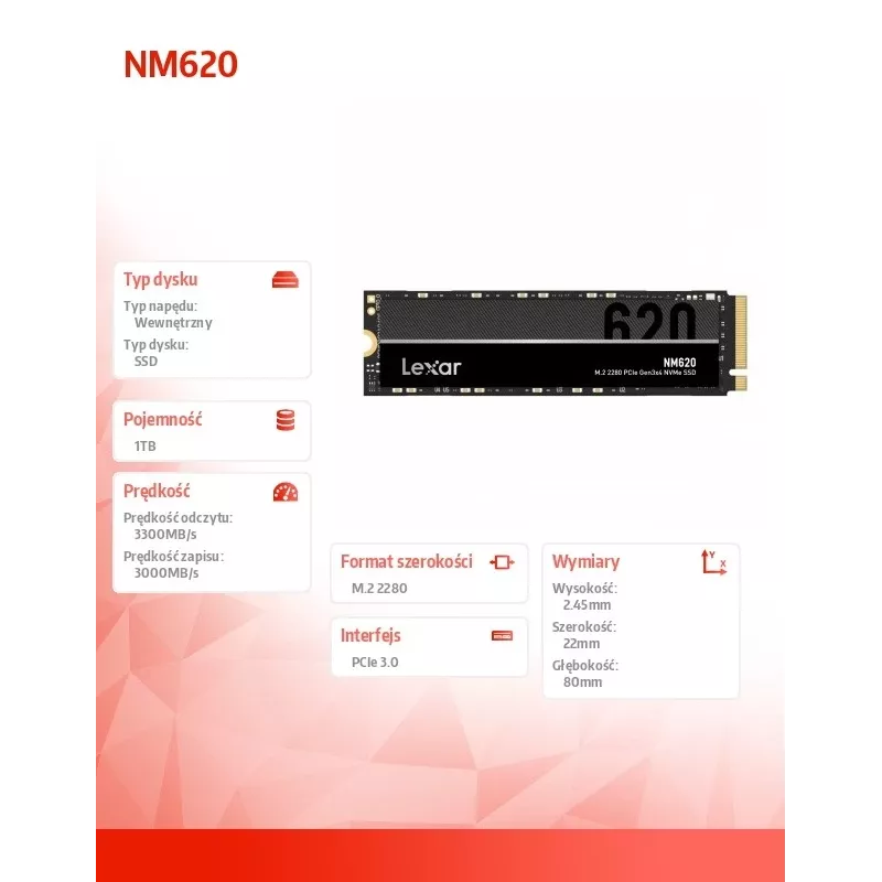 SSD-Laufwerk Lexar NM620 1 TB NVMe M.2 2280, 3300/3000 MB/s