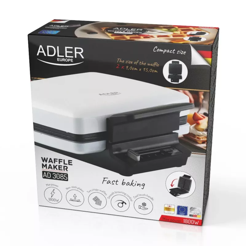 Waffeleisen Adler AD 3085 — 1200 W, 2 rechteckige Waffeln 9×13 cm, einstellbare Temperatur, Antihaftplatten