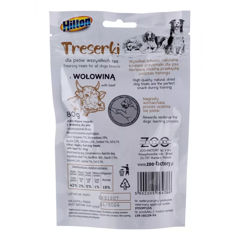 Hundetrainingsleckerlis Hilton Treaning treats Beef 80 g — weiche, bissgerechte Rindfleisch-Snacks, Eiweiß 42%, Feuchtigkeit 18%