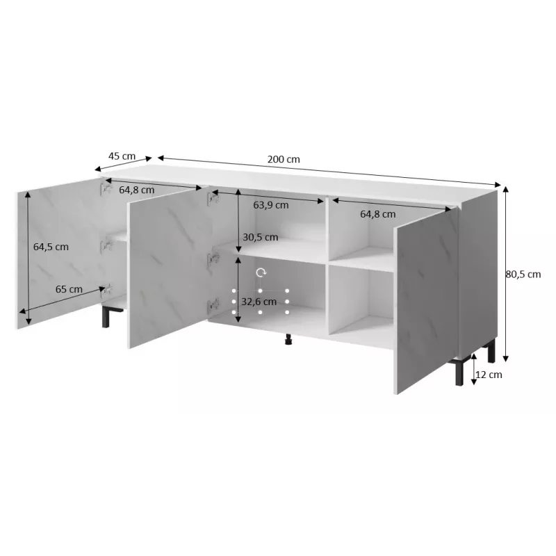 MARMO 3D Kommode 200x45x80,5 cm weiß matt/marble weiß