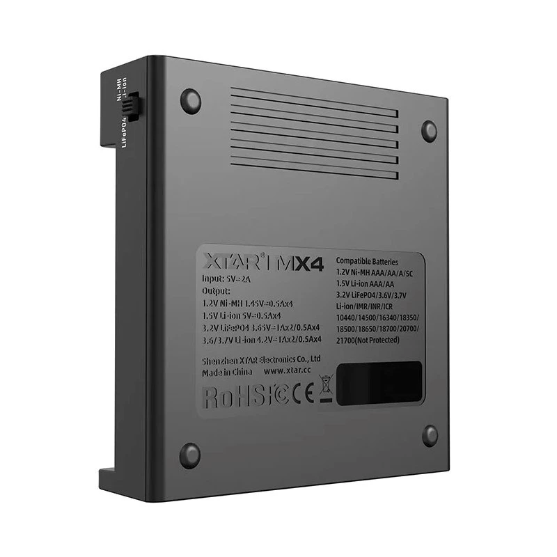 Ladegerät XTAR MX4 4-Slot Universal Li-Ion NiMH USB-C, schwarz, unterstützt 4 Batterien