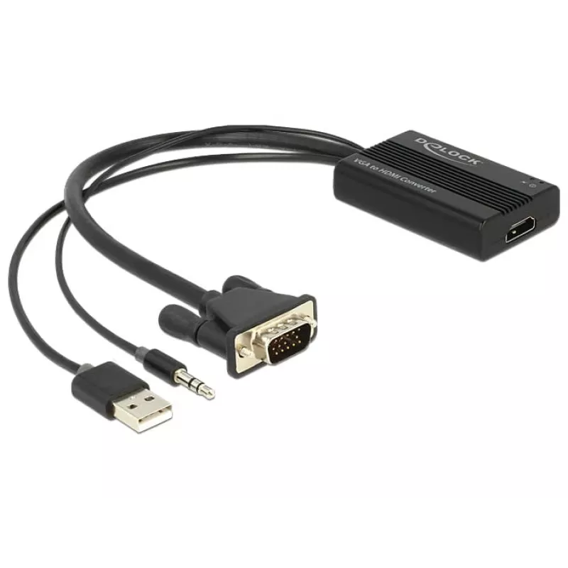 Video-Adapterkabel DeLOCK 62597 0,25 m HDMI Typ A VGA D-Sub 3,5 mm USB Typ-A Schwarz