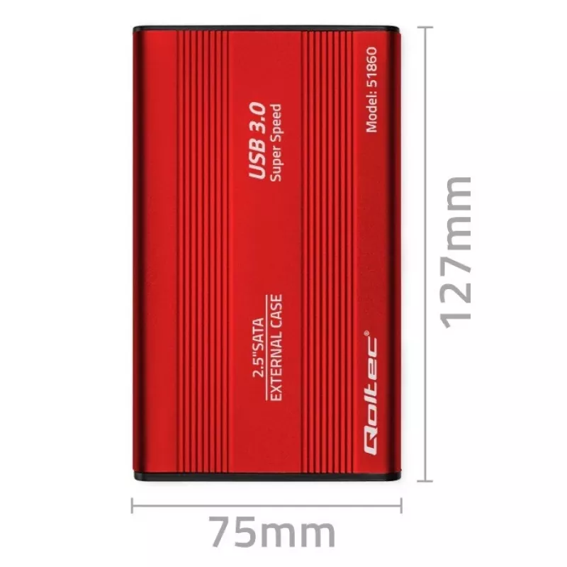 HDD/SSD-Gehäuse QOLTEC 51860 für 2,5-Zoll-SATA-III-Laufwerke, USB Typ-A, 5 Gbit/s, Aluminium, rot