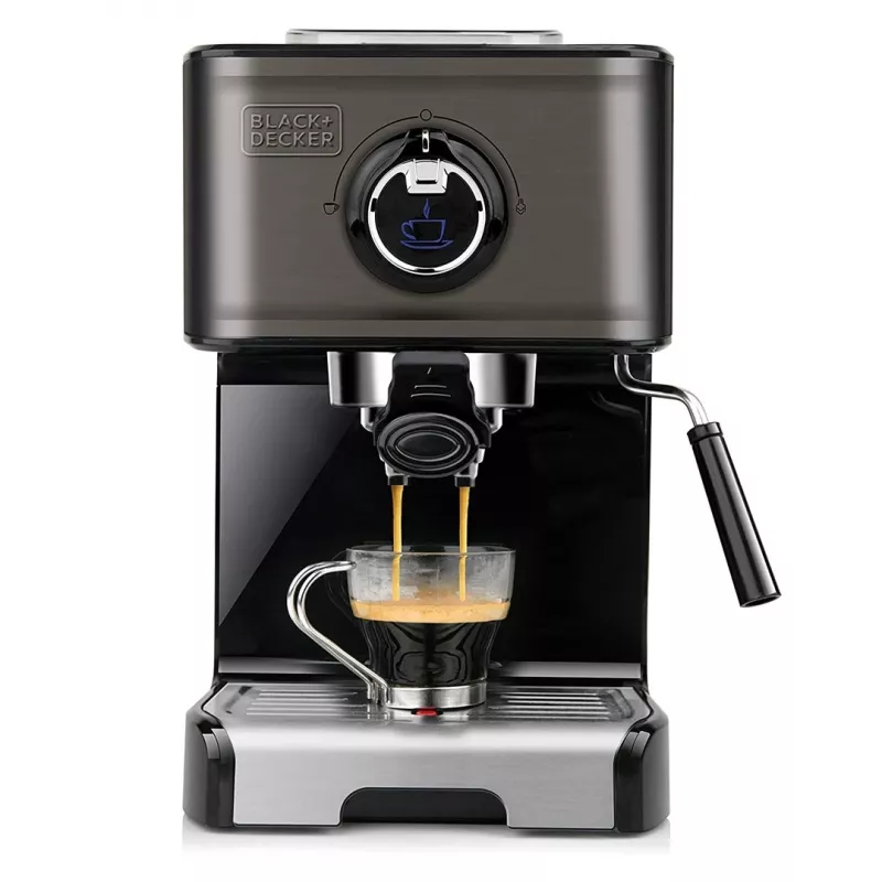 Espressomaschine Schwarz & Decker BXCO1200E — 1200 W, 15 bar, 1,2 L Wassertank, 2 Tassen, integrierter Milchaufschäumer, für die Arbeitsplatte, silber