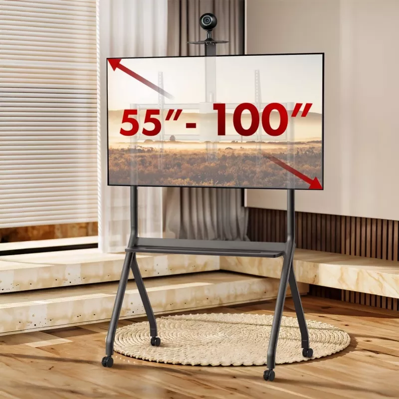 TV-Ständer MACLEAN MC-114 B tragbarer Bodenständer für 55–100 Zoll Bildschirme, max. Belastung 120 kg, VESA 200x200–900x600, Höhe 115–152 cm, schwarz, Regal