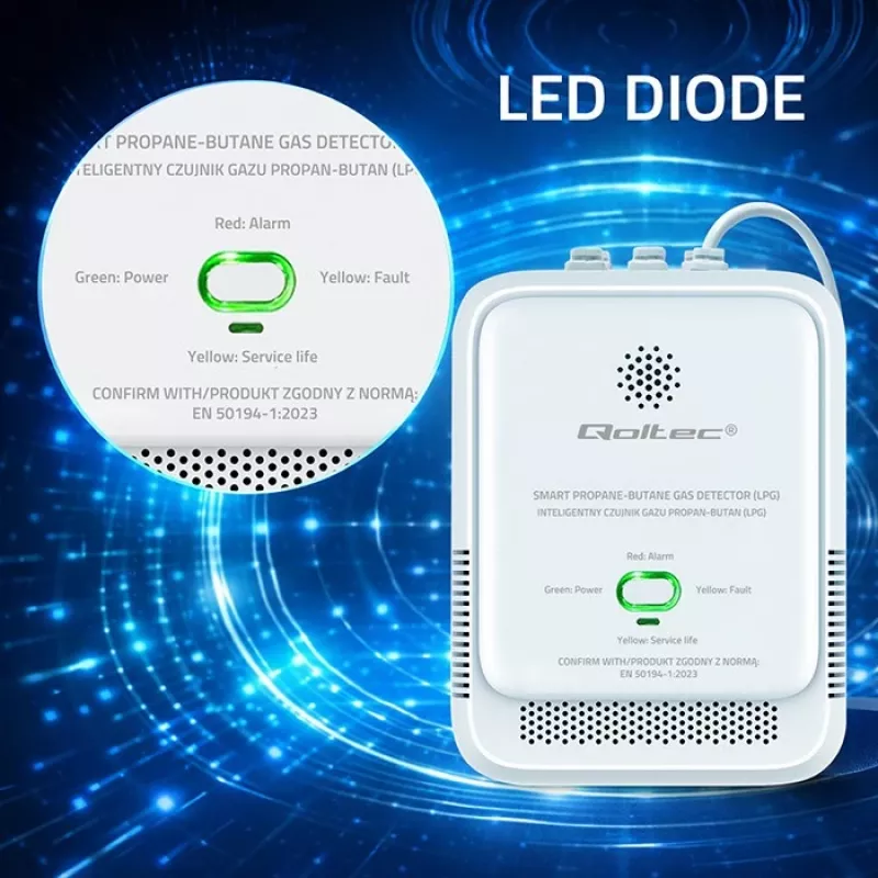 Gaslecksensor QOLTEC 52652 — Propan/Butan (LPG) Detektor, 85 dB Alarm, LED-Anzeige
