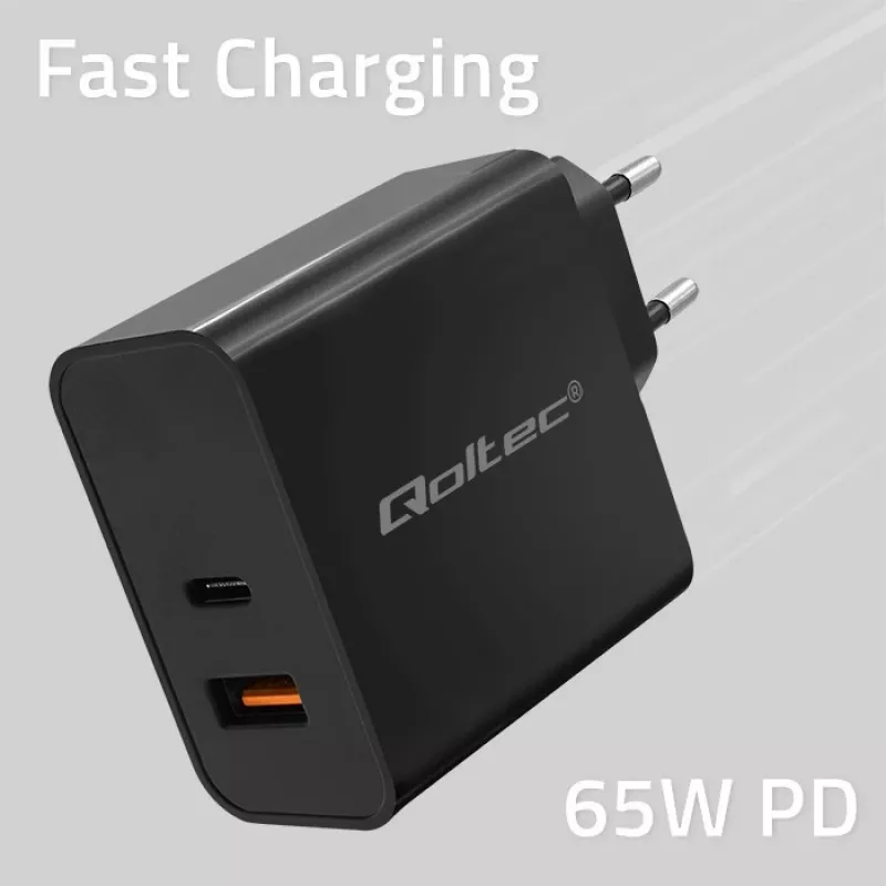 Qoltec 52380 Super Quick PD-Ladegerät | 1xUSB-C | 1xUSB | 65W | 5-20V | 1,5-3,25A | Schwarz