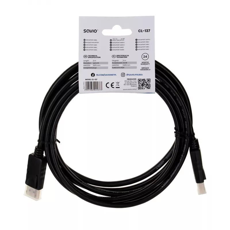 Savio CL-137 DisplayPort-Kabel 3 m Schwarz