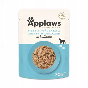 Nassfutter für Katzen Applaws Thunfischfilet mit Seebrasse 70 g — ausgewachsen, 16% Protein, 1% Fett, gluten- und sojafreier Beutel