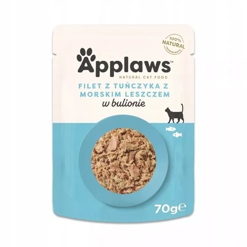 Nassfutter für Katzen Applaws Thunfischfilet mit Seebrasse 70 g — ausgewachsen, 16% Protein, 1% Fett, gluten- und sojafreier Beutel