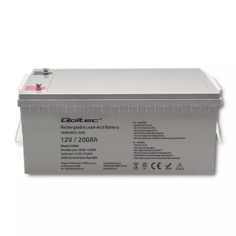 Wiederaufladbare AGM-Batterie QOLTEC 53069 12V 200Ah für Backup-Stromversorgung und USV-Systeme