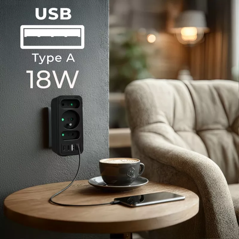 Power-Splitter MACLEAN MCE248 F/B — 3 AC-Steckdosen (1x16A, 2x6A) und 4 USB-Anschlüsse (2xUSB‑A, 2xUSB‑C PD 20W), EU-Stecker, schwarz