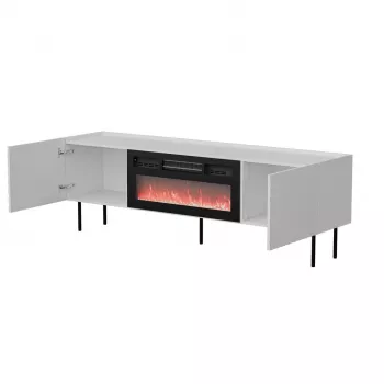 TV cabinet cama meble LUCCA 180x40x59 cm, weiße Oberseite und Rahmen, schwarzer elektrischer Kamin