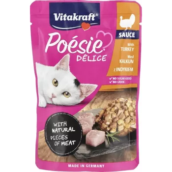 Nassfutter für Katzen Vitakraft Poésie Delice Pute 85 g — ausgewachsene Katze Feuchtigkeitsbeutel, Protein 8 %, Fett 4,5 %