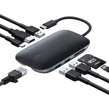 Laptop-Dock AUKEY CB-C71 — 3x USB‑C (USB 3.2 Gen1), HDMI, RJ‑45, MicroSD, USB PD 100 W, 0,15 m Kabel, schwarz