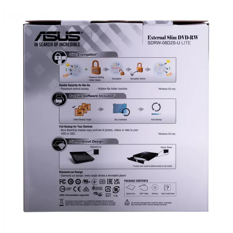 Externes DVD±RW-Optiklaufwerk ASUS SDRW-08D2S-U Lite, USB 2.0, schwarz, 24x CD / 8x DVD, 142×142×20 mm