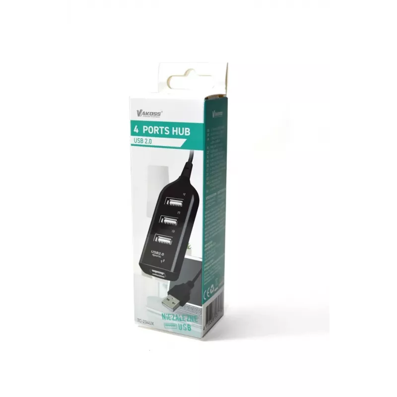 VAKOSS USB-Hub TC-234UX — 4-Port-USB-2.0-Hub, DC-Stromversorgung (5 V, 1 A), schwarz
