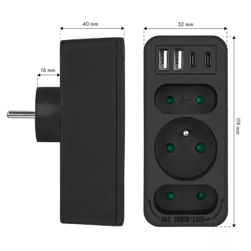 Power-Splitter MACLEAN MCE248 F/B — 3 AC-Steckdosen (1x16A, 2x6A) und 4 USB-Anschlüsse (2xUSB‑A, 2xUSB‑C PD 20W), EU-Stecker, schwarz
