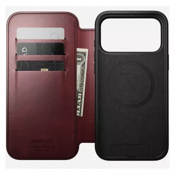 Handyhülle Nomad Modern Leather Folio für iPhone 17 Pro Max — Leder, TPU, PC, Aluminium, Burgund, 16 cm (6,3 Zoll)