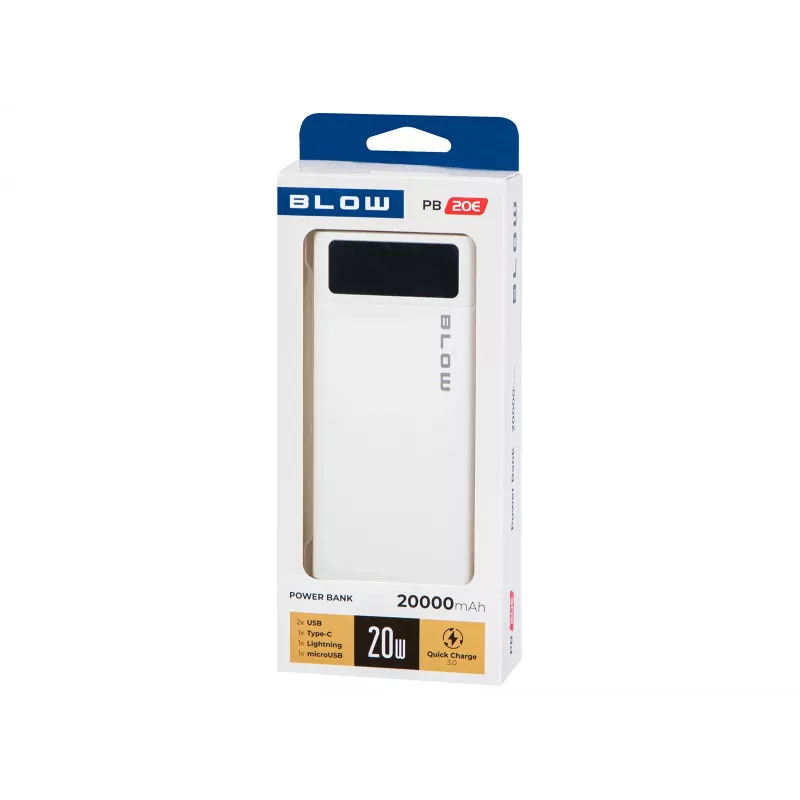 Tragbare Powerbank BLOW PB20E 20000mAh QC+PD 20W mit USB-C, 2× USB-A, Lightning-Eingang, Polymer-Akku