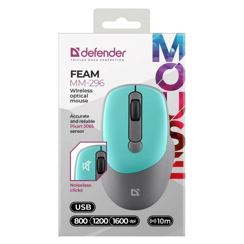 Kabellose Maus DEFENDER Silent Click C Mint 52294 — beidhändig, 1600 DPI, 2,4 GHz Nano-USB