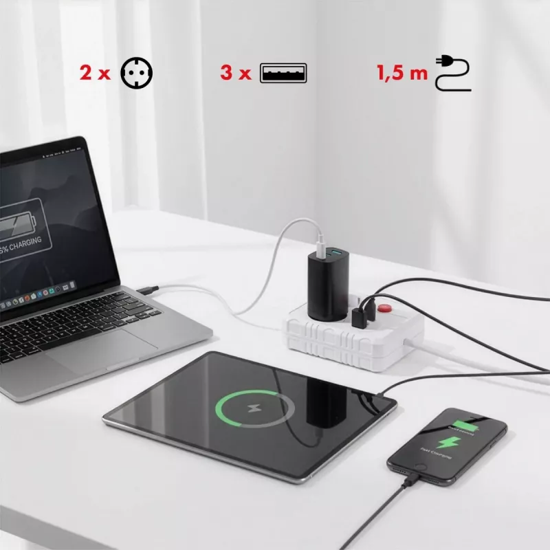 Steckdosenleiste MACLEAN MCE387 W — 2 Steckdosen, 3×USB A, 110–240 V, 2500 W, 1,5 m Kabel, weiß
