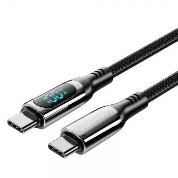 Vention Cotton Braided USB 2.0 C Male to C Male 5A Kabel With LED Display 1.2M Schwarz Zinc Alloy Type