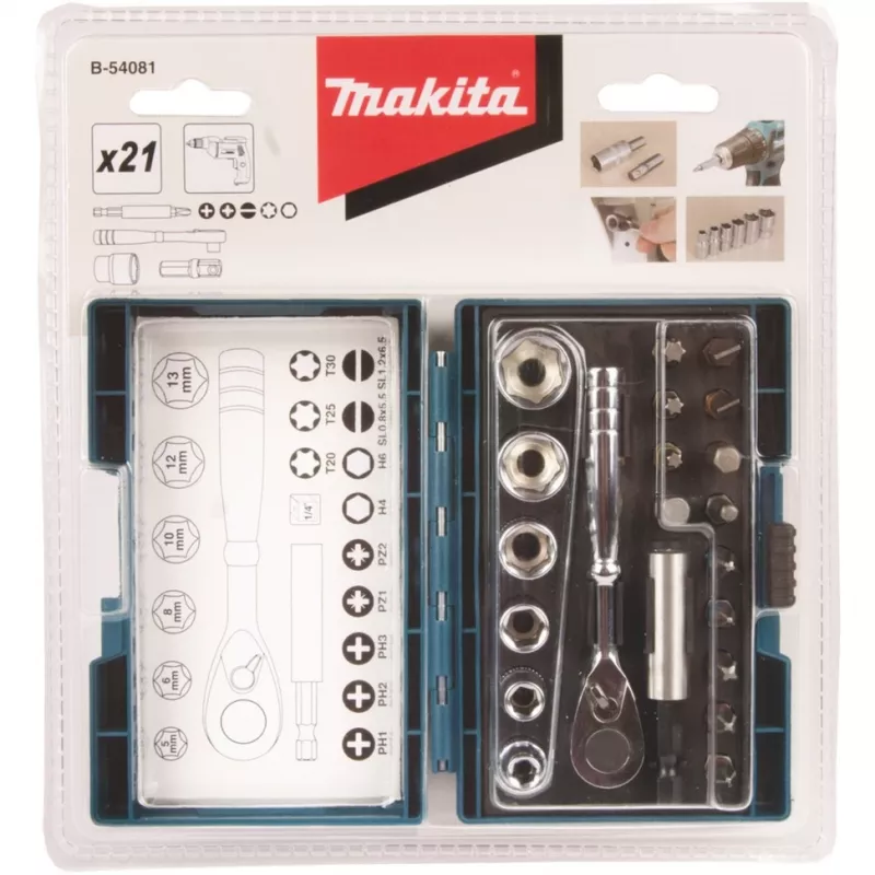 Makita Schraubendreher-Bit- und Ratschensatz, 21-teilig (B-54081)