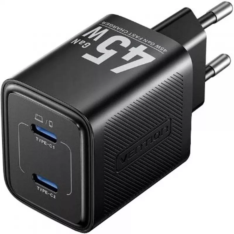 Vention FEFB0-EU 45W Indoor AC-Schnellladegerät 2× USB-C — für Smartphone, Laptop, Tablet, Smartwatch, Kopfhörer (Schwarz)