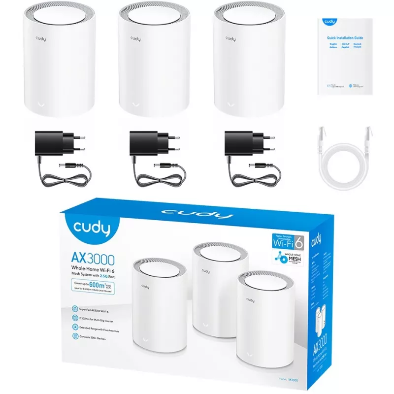 Cudy M3000 3er-Pack Mesh-WLAN-System Dualband (2,4 GHz / 5 GHz) Wi-Fi 6 (802.11ax) Grau, Weiß 1 Intern