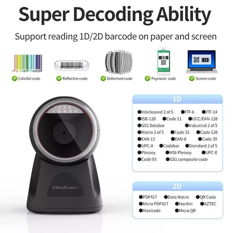 Qoltec Tisch-Barcode-Lesegerät für 1D- und 2D-Codes, QR-Scanner, Schwarz